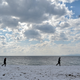 People walk along a snow-covered beach between two palm trees in Athens on January 25, 2022
